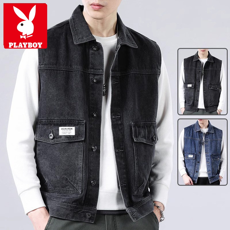 Playboy Denim Vest for Men, Autumn and Winter Trendy Brand ins Loose Sleeveless Vest Workwear Jacket