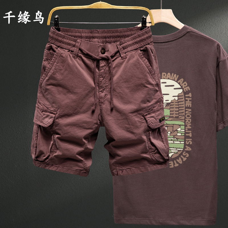 Burgundy Work Shorts for Men, Summer American Style Trendy Brand, Loose Fit, Multi-Pocket Outdoor Shorts, Casual Large Shorts, Mid-Length Pants