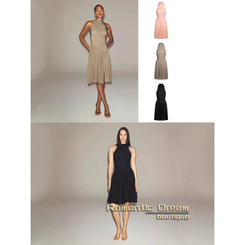 In-Stock Authentic Skims Kardashian High-Neck Dress, Stretchy Slim-Fit Sleeveless Pleated Tube Top Mid-Length Skirt