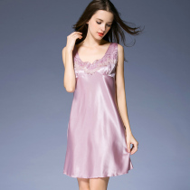 Sexy ice silk pajamas womens summer plus size suspenders with chest pads Lace nightgowns Korean summer loose women can be worn outside autumn