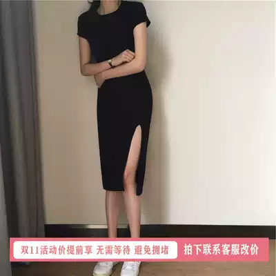 2021 new summer new Hepburn style retro sexy split long dress slim black dress