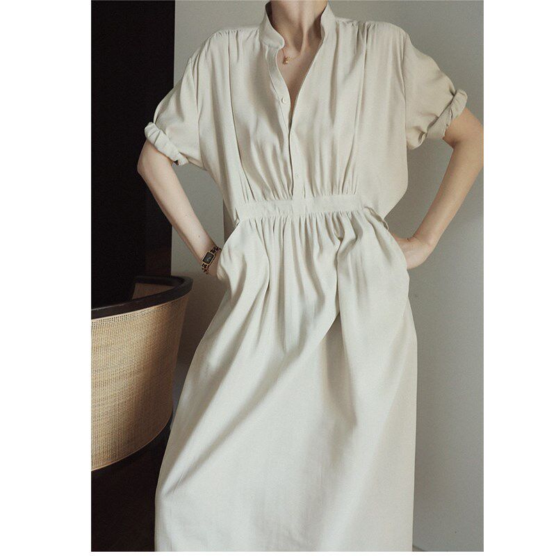 New Chinese dress girl 2023 summer new Japanese style lazy air temperament adjustment waist V - collar dress