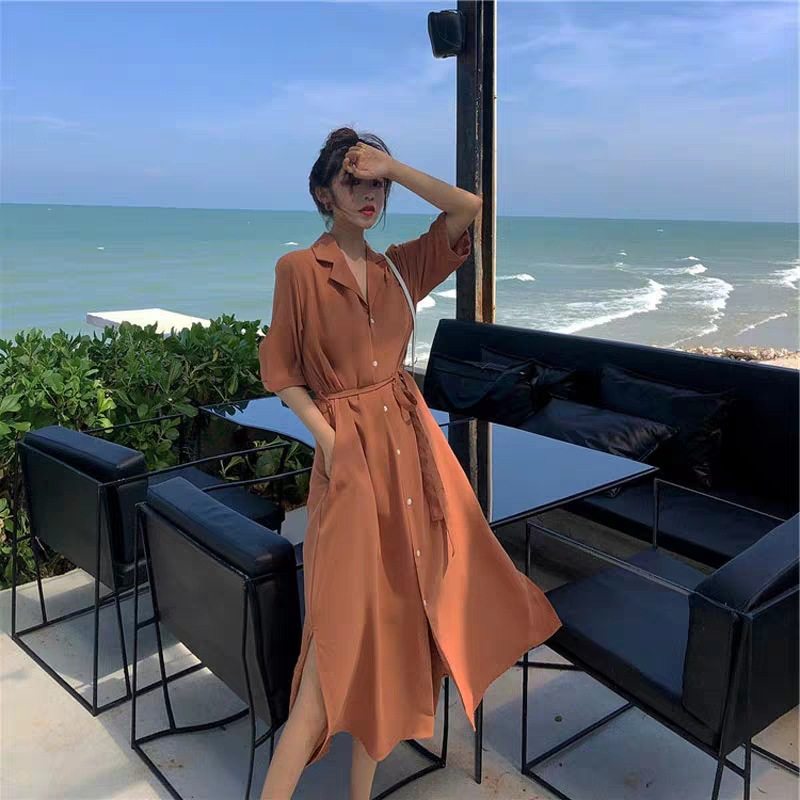 South Korea 2022 summer new Japanese shirt-style dress women's French bellflower retro waist and thin over the knee long skirt