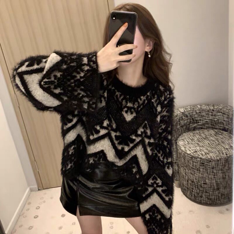 Korean mink wool sweater 2022 new lazy wind collar head loose sweater outer wear coat