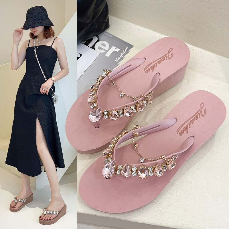 Japan Pink Opium Poppy New Rhinestone Chain Trendy Thick-Soled Flip-Flops for Women Summer Outdoor Beach Slippers