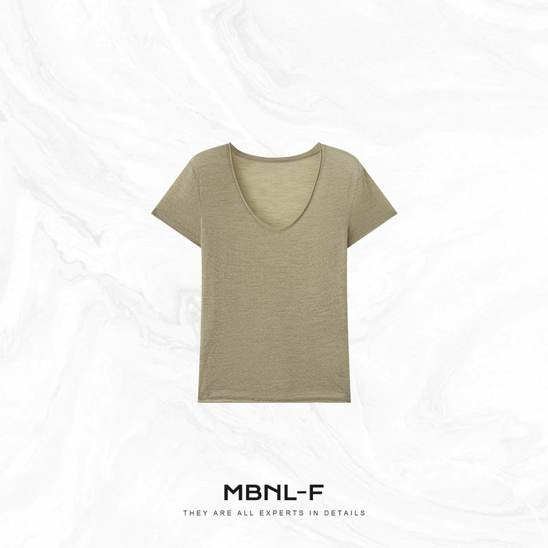 Mbnl-F Qin Lei Women's Clothing "100% Wool" Korean-Style U-Neck Simple Versatile Short-Sleeved T-Shirt for Women Xy-Tx6002