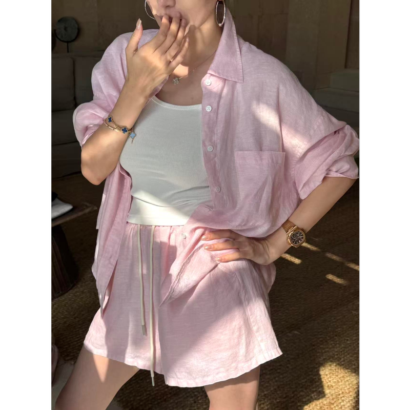 Mbnl-F Qin Lei Women's Clothing "Light Pink Summer" 100% Linen Custom-Woven Relaxed Style Set Xm-Xwt0189 Mbnl-F Qin Lei Women's Clothing "Light Pink Summer" 100% Linen Custom-Woven Relaxed Style Set Xm-Xwt0189