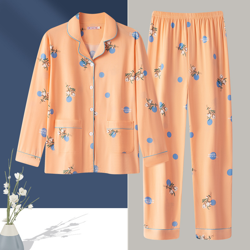 Pajamas for Women, Spring and Autum Long-Sleeved Cardigan Suits, Middle-Aged and Elderly Mothers' Large Size, Good-Looking, Can Be Worn Outside as Home Clothes