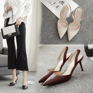 依囡新款chic风格2019夏季凉鞋女酒红色晚晚鞋仙女网红单鞋高跟鞋