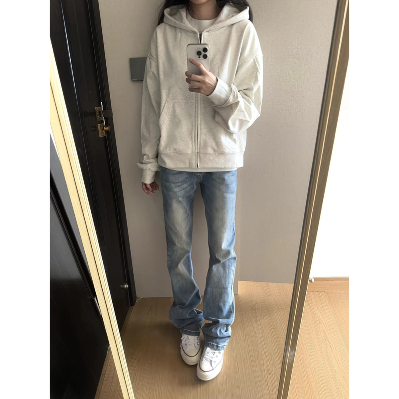 Heavyweight White-Gray Hooded Cardigan Sweatshirt for Men, Solid Color Cleanfit Autumn Jacket, American Retro Casual Hoodie