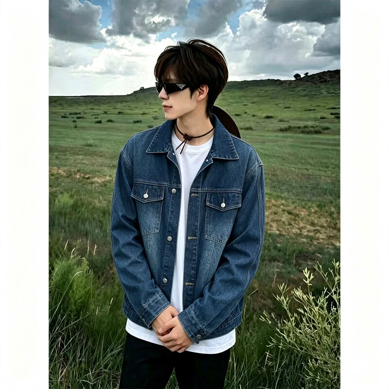 Dark Blue Workwear Denim Jacket for Men, New Autumn Style Cleanfit Washed Denim Short Jacket with Turn-Down Collar