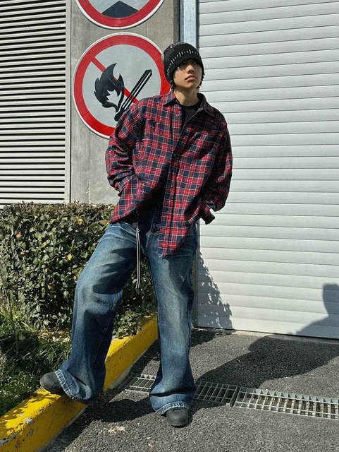 European and American street red long-sleeved plaid shirt for men 2024 autumn American retro high street plaid shirt jacket trend