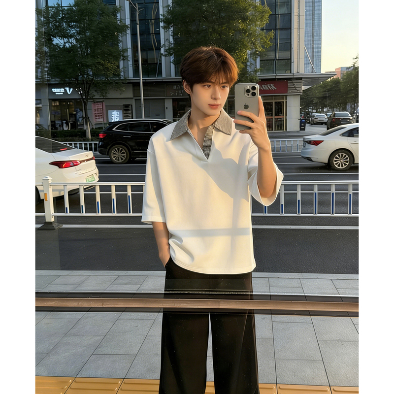 Houndstooth White Faux Two-Piece Short-Sleeve Men's Summer Cleanfit Regular Shoulder T-Shirt American-Style Heavy-Duty Polo Shirt