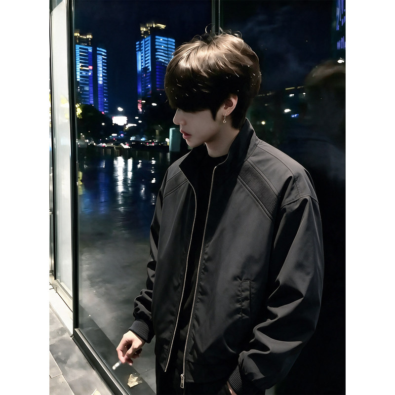 Black American-Style Deconstructed Short Jacket for Men, Autumn American-Style Bomber Silhouette Baseball Jacket, Cool Pilot Jacket