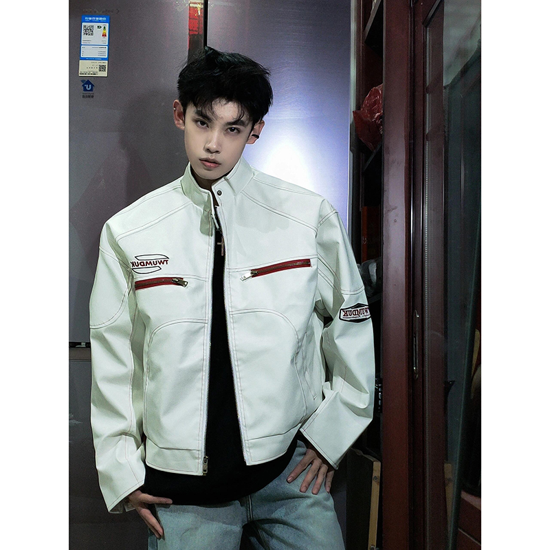 White Short Pu Leather Jacket for Men, Spring and Autumn 2024 New Men's Clothing, Biker Jacket, American Style Cool Leather Jacket White Short Pu Leather Jacket for Men, Spring and Autumn 2024 New Men's Clothing, Biker Jacket, American Style Cool Leather Jacket