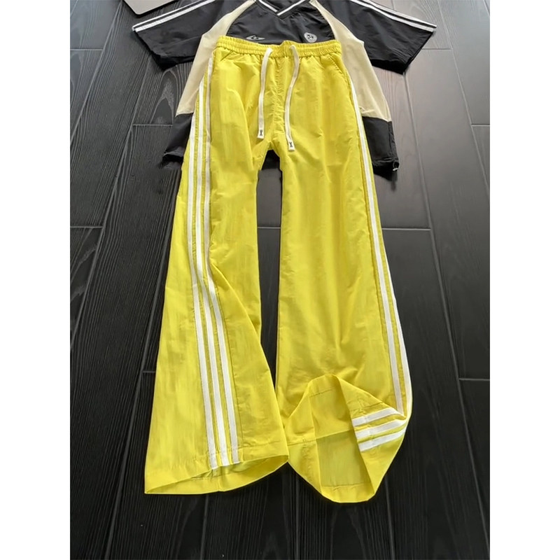 Dopamine Yellow Three-Stripe Quick-Dry Pants for Men, Summer Thin Ice Silk Sports Pants, American-Style Straight-Leg Casual Pants