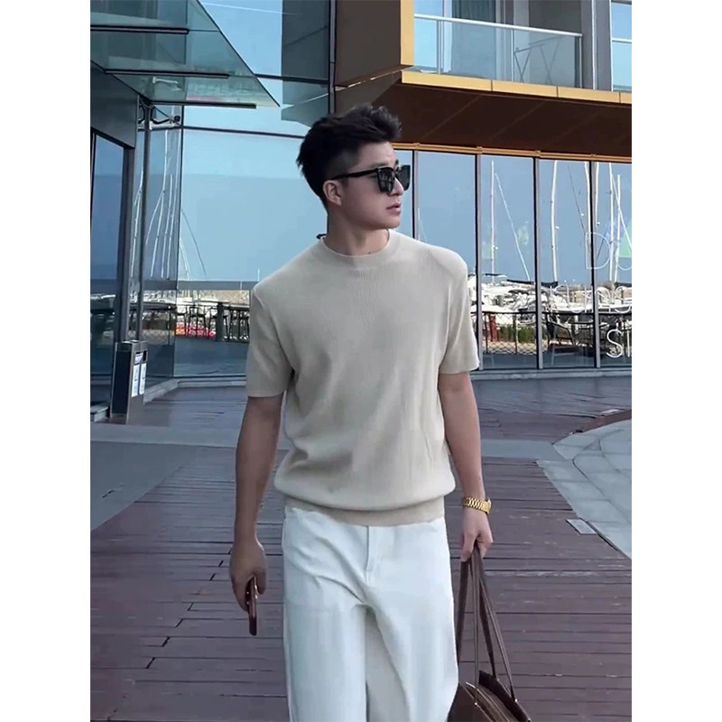 Old Money Style Ice Silk Knit Short-Sleeve Men's Summer High-End Mature Style Round Neck Slim-Fit T-Shirt with a Mature Vibe Half-Sleeve