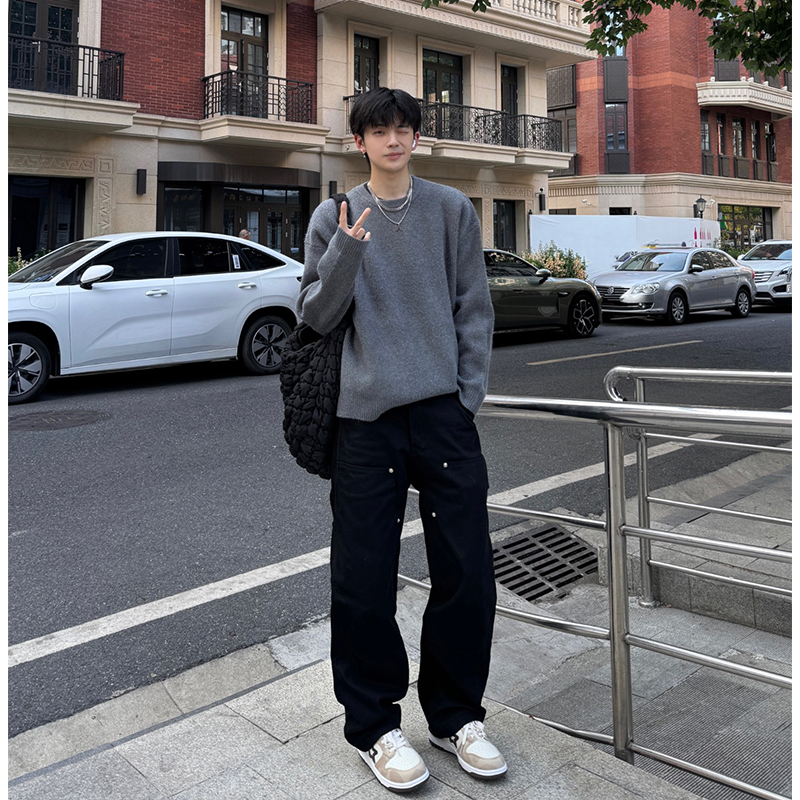 Cleanfit Gray Sweater Men's Spring & Fall Style American High Street Round Neck Bottoming Shirt High-End Knitted Knitwear Jacket Cleanfit Gray Sweater Men's Spring & Fall Style American High Street Round Neck Bottoming Shirt High-End Knitted Knitwear Jacket