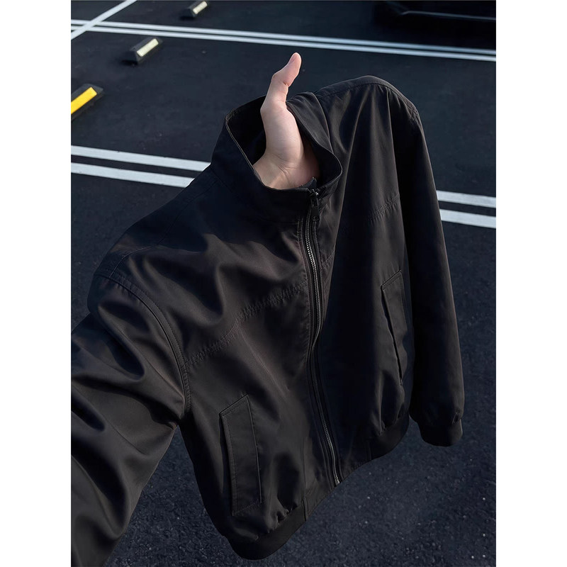 Black American-Style Hunting Jacket for Men, Autumn Short Wide Boxy Flight Instructor Coat, Three-Proof Stand-Collar Windbreaker