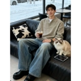 Ретро демисезонный трикотажный свитер, в американском стиле, воротник поло