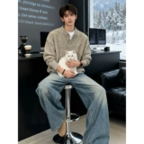 Ретро демисезонный трикотажный свитер, в американском стиле, воротник поло