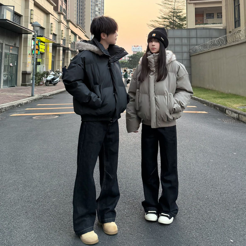 Pu Leather Detachable Short down Jacket for Men and Women, Winter Couple's Outfit, Hooded Cotton Coat, American-Style Fur Collar Jacket Pu Leather Detachable Short down Jacket for Men and Women, Winter Couple's Outfit, Hooded Cotton Coat, American-Style Fur Collar Jacket