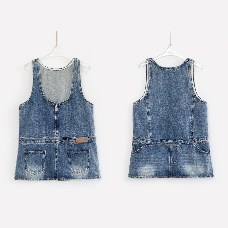Washed Vintage Denim Dress U-Neck Tank Top Layered A-Line Skirt E056