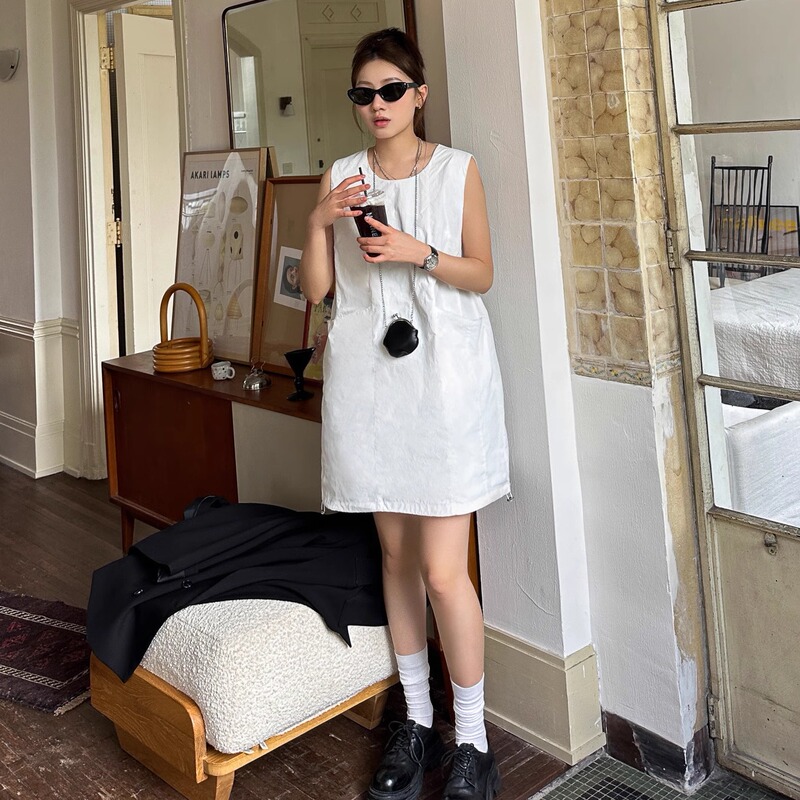 Xiaop Studio Summer High Street Workwear Style Short Round Neck Sleeveless Vest Dress Wq-194