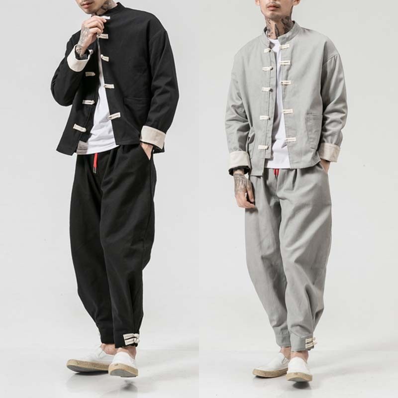 Chinese Wind Tang Dress Men's Youth Suit Spring Autumn Buddha Ensemble Hanfu Retro Folk Costumes Casual Long Sleeve Men's Jacket