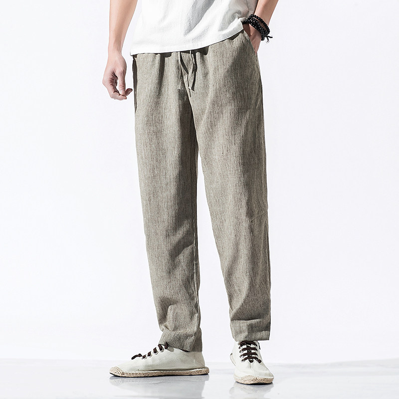 Linen pants Male Loose Straight Drum Kharen Pants China Wind Men's Clothing Plus Fat Increase Yard Width Legs Casual Pants Cotton Linen Pants