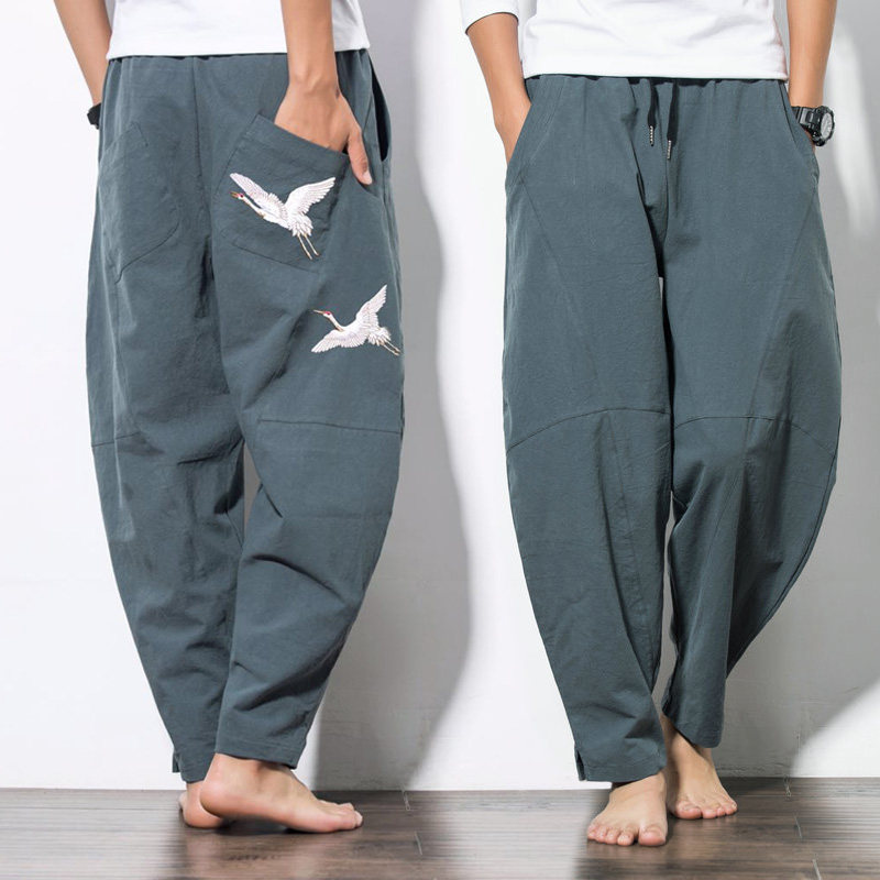 Autumn Chinese style embroidered Tang suit pants men's loose large size cotton and linen wide pants bloomers trend harem trousers