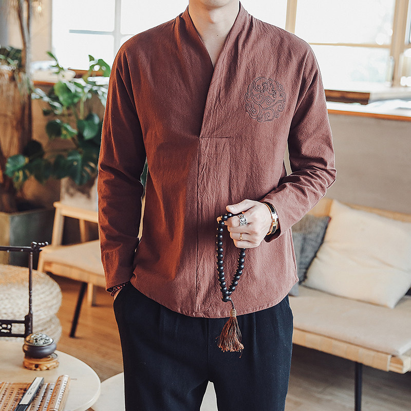 Men's cotton and linen autumn embroidery t-shirt men's long-sleeved Chinese style large size V-neck loose linen top clothes Chinese men's clothing
