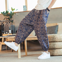  Chinese style spring and summer new printing breathable cotton and linen leggings plus fat plus size casual harem pants mens bloomers