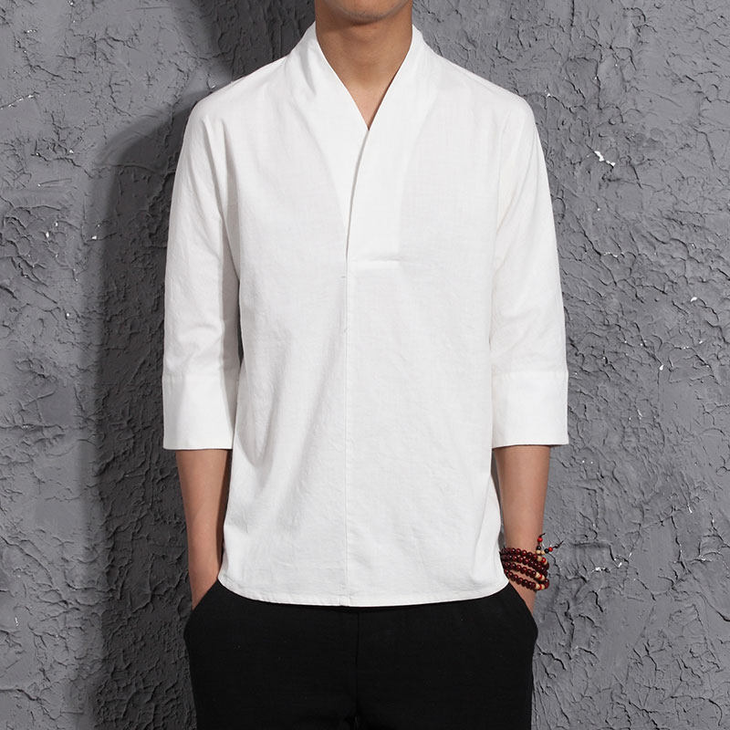 Chinese style of wind men's clothing ethnic Chinese cues Chinatown youth tea wear linen Improved hanfu short sleeves Zen suit-Taobao