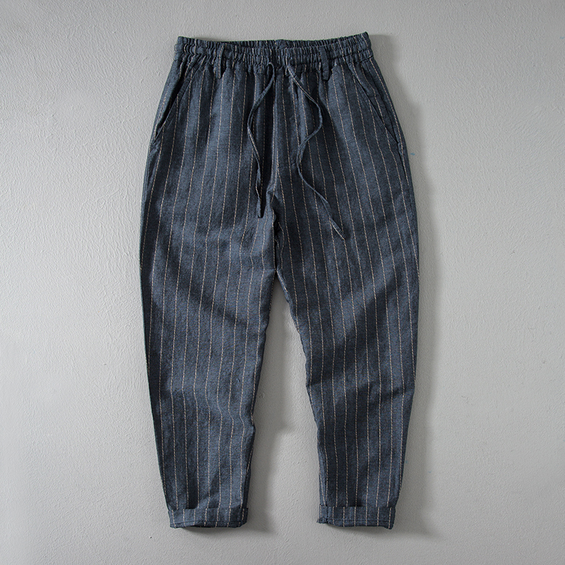 Summer Vertical Stripesd Nine-Point Pants for Men, Thin Linen Pants, Loose Harem Pants, Retro Cotton and Linen Casual Pants for Men, Trendy