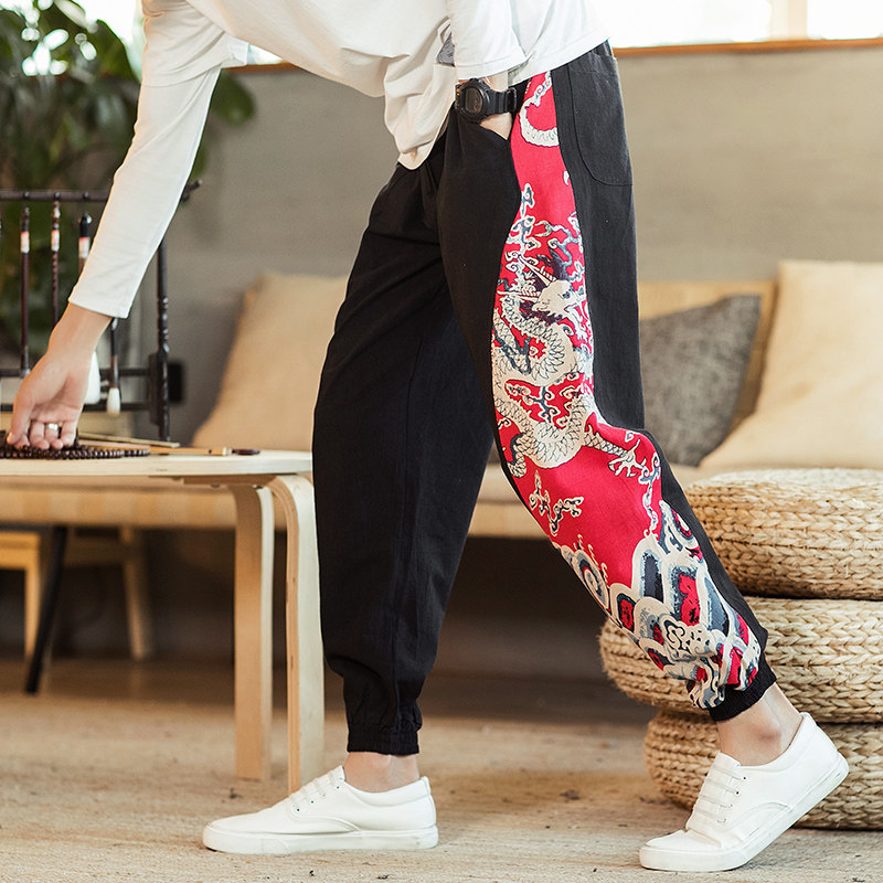 Retro Dragon Pattern Splicing Fall Men Loose large size Width Legs Lantern Casual Pants Tide Youth Small Feet Harun Long Pants-Taobao
