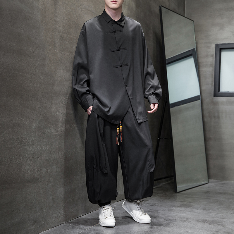 Chinese Style Men's Clothing Autumn Long-Sleeved Shirt Set Tang Suit Two-Piece Set New Chinese Style Loose Hanfu Layman Clothing Men's Clothing