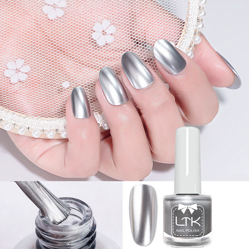 Silver Nail Polish with a Metallic Mirror Finish, Non-Peelable, Long-Lasting, 2025 Autumn and Winter New Model, No-Bake Quick-Drying Nail Art Set