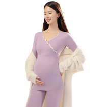 Pregnant womens autumn clothes and long trousers set nursing warm velvet bottoming shirt no need to wear underwear comes with breast pads postpartum nursing women