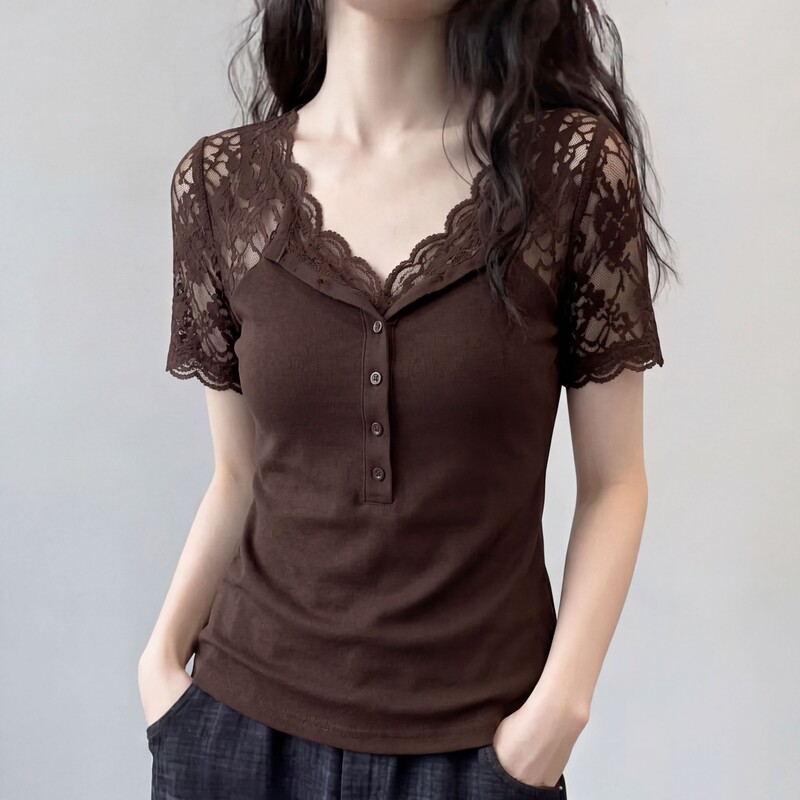 Stylish Lace Patchwork T-Shirt for Women, Summer Plus Size, Slimming, Body-Covering, Fashionable Hot Girl Top