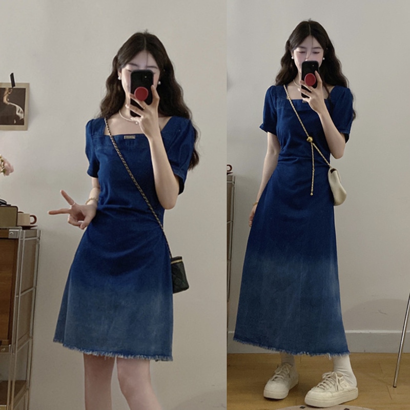 Elegant French Square-Neck Gradient Denim Dress for Women, Summer Plus Size, High-End Slimming Waist-Cinching Dress for Chubby Girls