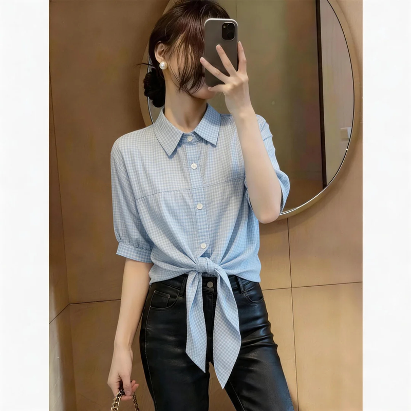 Designed with a Knotted Hem and Tie Straps, Short-Sleeve Shirt for Women, Summer Plus Size, Elegant and Stylish, Conceals and Slims the Figure