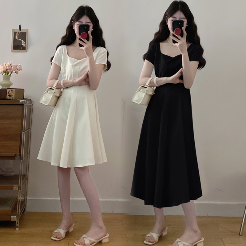 French Square-Neck Hepburn-Style Tea Break Long Dress for Women, Summer Plus Size, Elegant and Slimming Waist-Cinching Dress