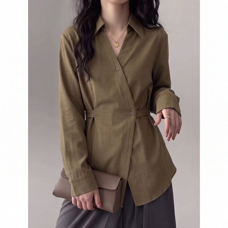 Designed Waist-Cinching Tie Shirt for Women, Autumn Plus-Size, Flattering for Curvy Figures, Age-Reducing, Stylish Retro Long-Sleeve Top