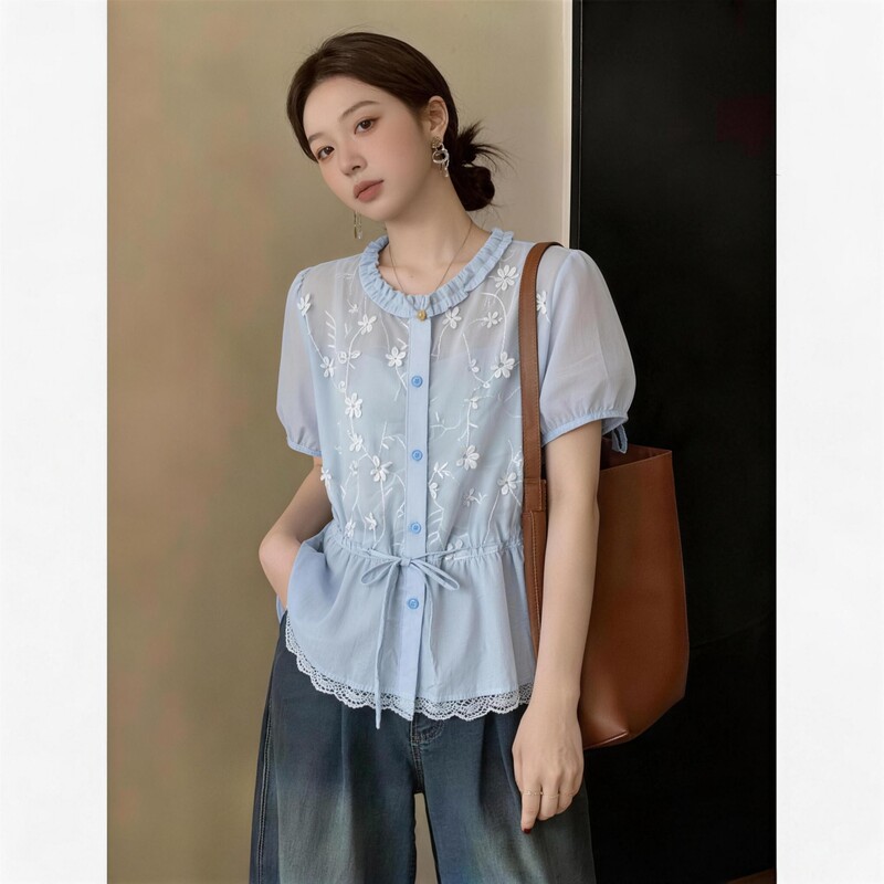 Fashionable Korean-Style Lace Patchwork Tie-Up Short-Sleeve Shirt for Women, Summer Plus-Size Design That Covers the Body and Makes You Look Slimmer Fashionable Korean-Style Lace Patchwork Tie-Up Short-Sleeve Shirt for Women, Summer Plus-Size Design That Covers the Body and Makes You Look Slimmer
