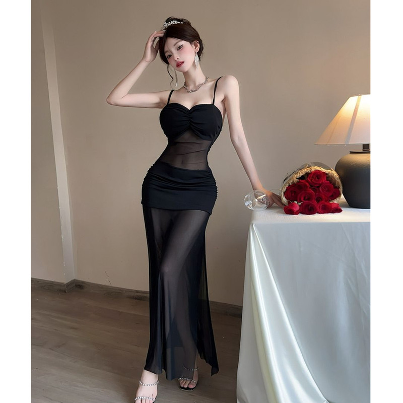 Nightclub Sexy See-Through Mesh Suspender Dress Nightclub Foot Massage Technician Work Uniform Long Dress for Women