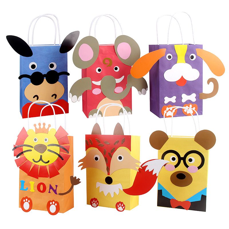 Child Cartoon Animal Handbag Children Handmade DIY Materials Kindergarten Creative Adhesive Active Kraft Paper Bags