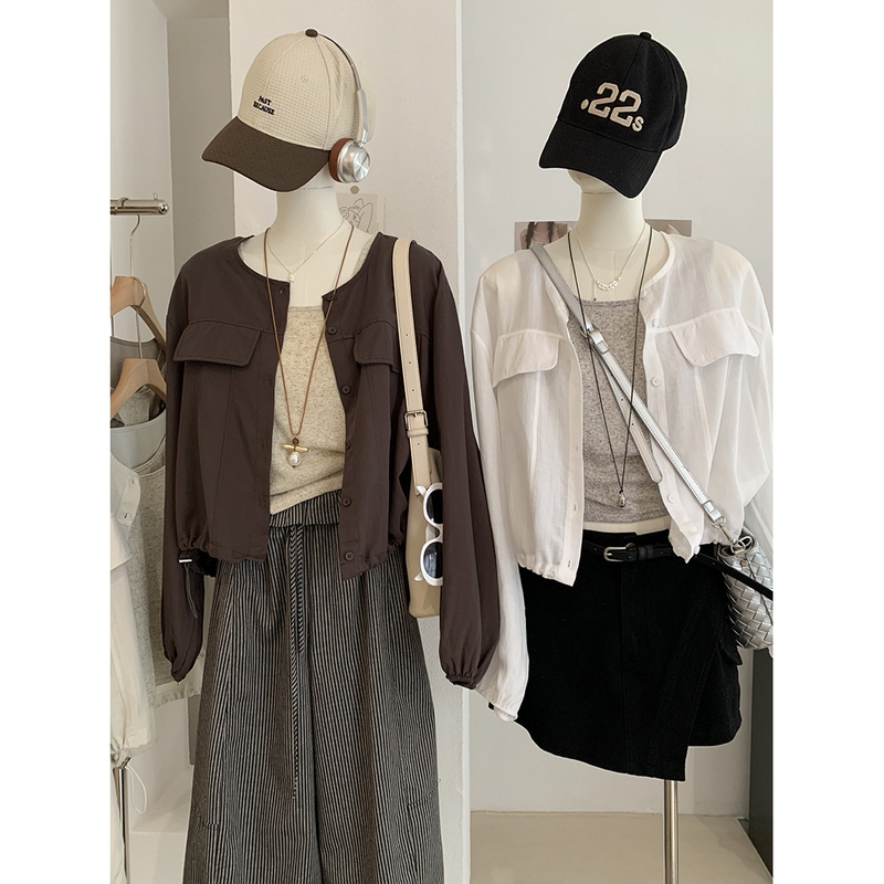 Authentic Store Product: Flap Pocket Faux Pocket Round Neck Single-Breasted Long-Sleeve Shirt with Inner Vest Two-Piece Set Top Authentic Store Product: Flap Pocket Faux Pocket Round Neck Single-Breasted Long-Sleeve Shirt with Inner Vest Two-Piece Set Top