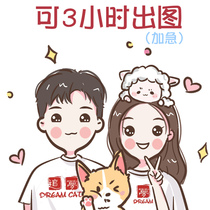 Q-version hand-painted avatar design couple cartoon character logo live-action photo comics set to make family portrait