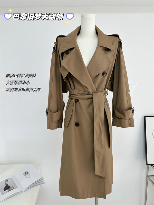 Wlx Studio Paris Old Dream Classic Silhouette Large Lapel Double-Breasted Mid-Length Elegant Trench Coat for Women